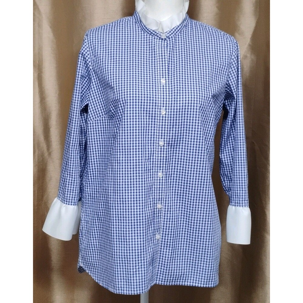 pearly vine Blue/Wh Feminine Cottagecore Gingham Ribbon Collared Button Blouse M